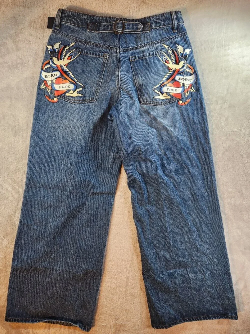 Ed Hardy Jeans 30 Wide Leg Born Free Swallow Tattoo Y2K